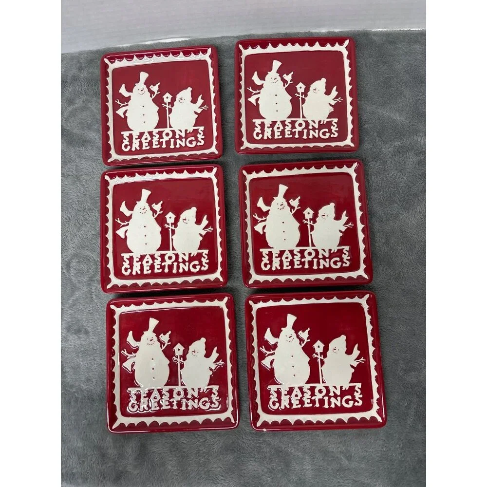 Sur La Table Holiday Dessert Plates Ceramic Seasons Greetings Set of 6 Square